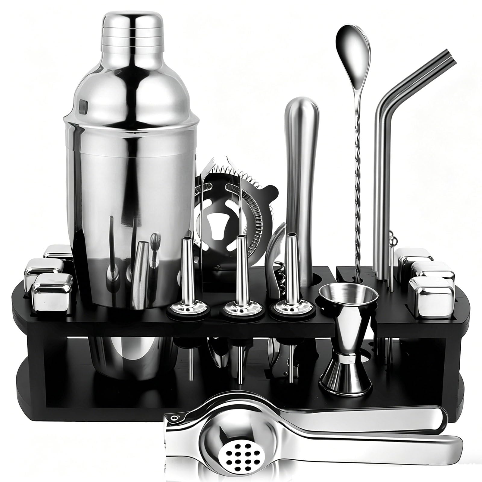 Coctelera para Cócteles Kit 23 piezas Coctelera de Acero Inoxidable Con Soporte acrílico juego de barman herramientas de mixología set de regalo Cóctel Recetas para Mezclar Bebidas,Barra,hogar