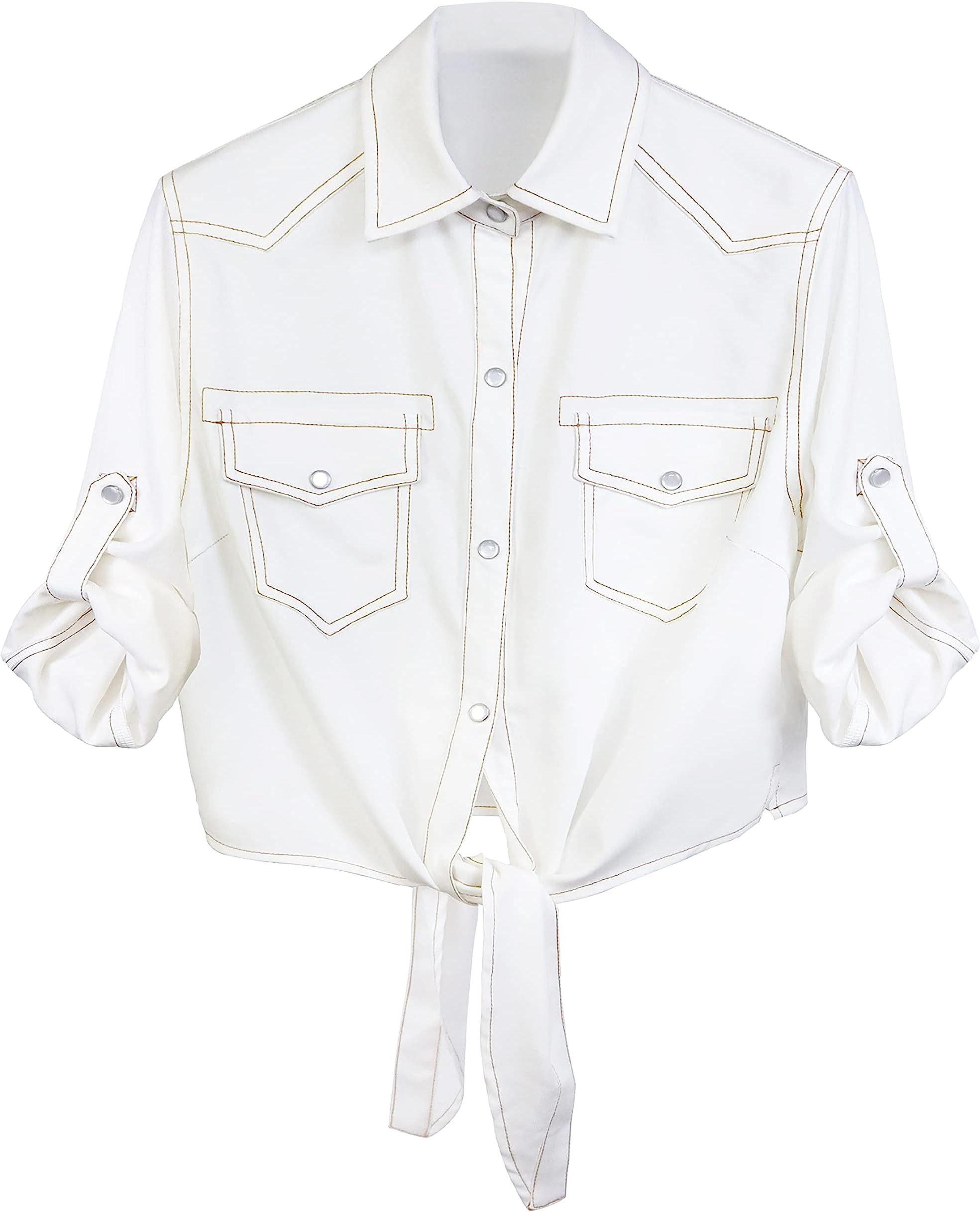 Womens Denim Shirts Tie Front Crop Top Button Down Chambray Jean Shirts