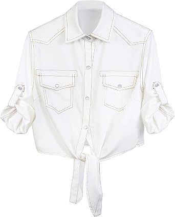 SeekMe Womens Modern Denim Shirts Tie Front Crop Top Chambray Jean Shirts