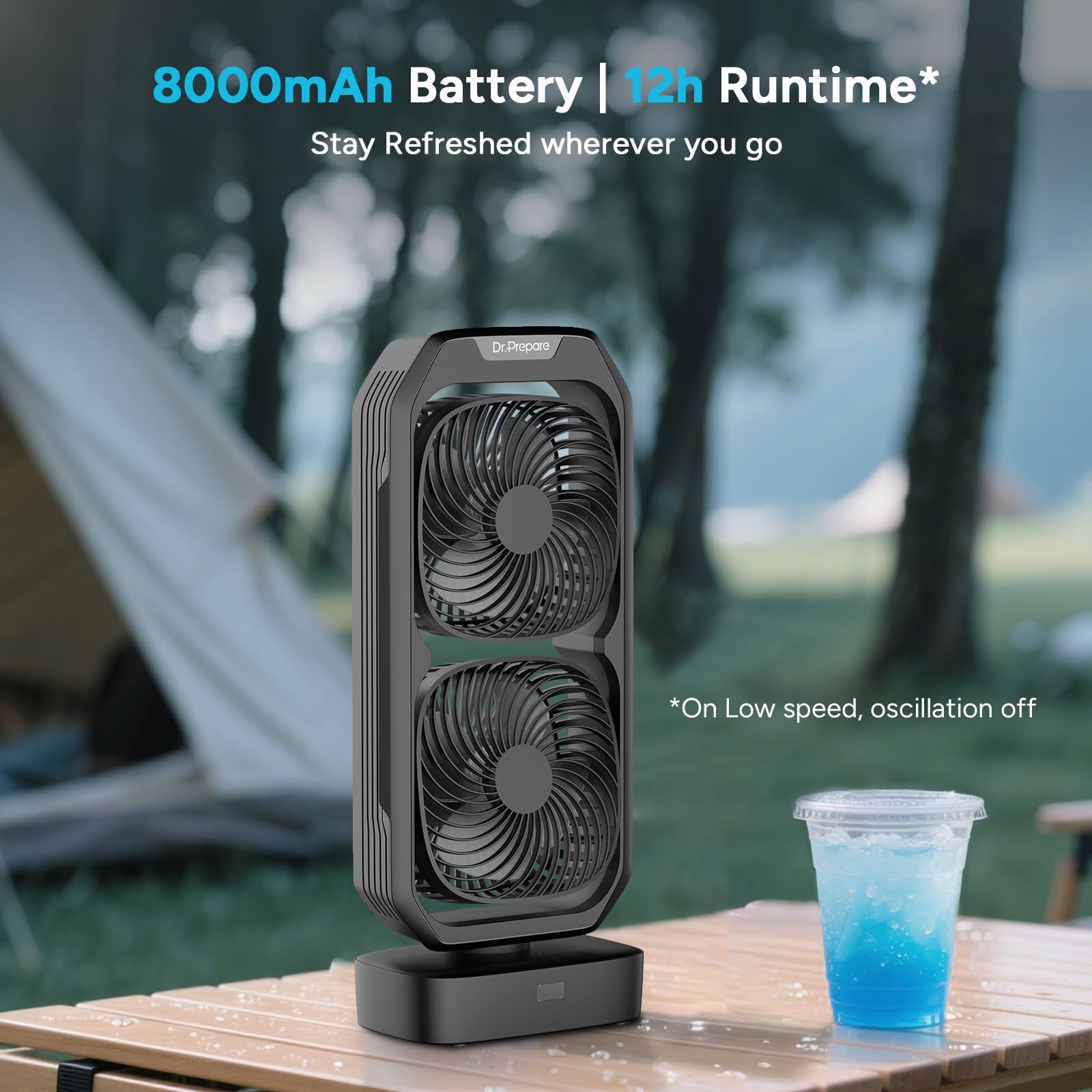 DR.PREPARE Piccolo ventilatore a torre oscillante con telecomando, ventilatore da scrivania alimentato a batteria ricaricabile per camera da letto, inclinazione di 250°, timer 8 ore, 3