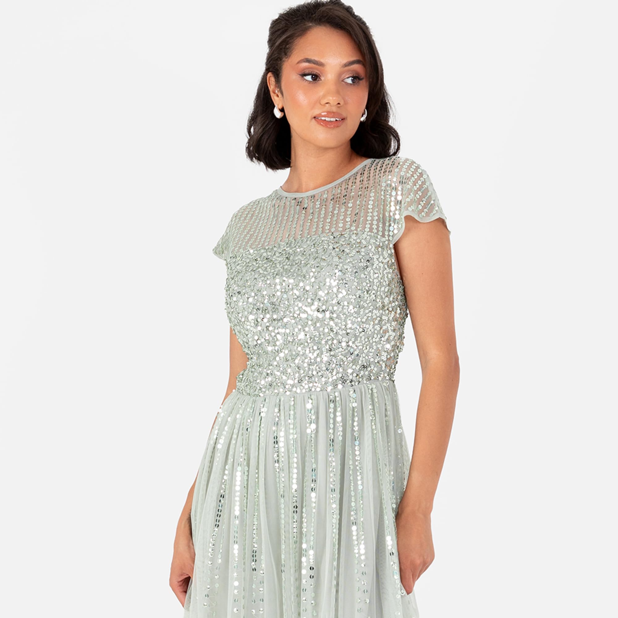 Maya Deluxe Damska sukienka maxi, z okrągłym dekoltem, z paskiem w paski, z haftowaną koszulką, z motywem nagrody A-line, Green Lily, 36