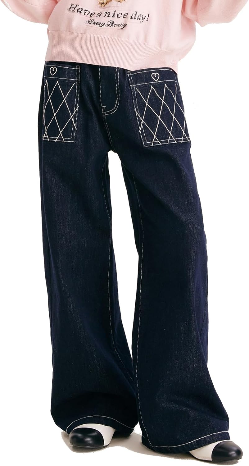 Girls High Waisted Wide Leg Jeans Heart & Diamond Stitching Elastic Waist Dark Denim Pants for Girls 6-16Y