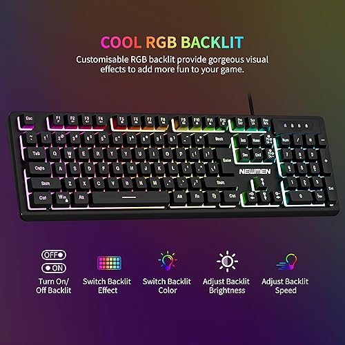 Miniatura 2 de Newmen GM104 Wired Gaming Keyboard and Mouse Combo,USB RGB Backlit Mechanical Feel 26-Key Anti-Ghosting Computer Gaming Keyboards,Colorful Breathing