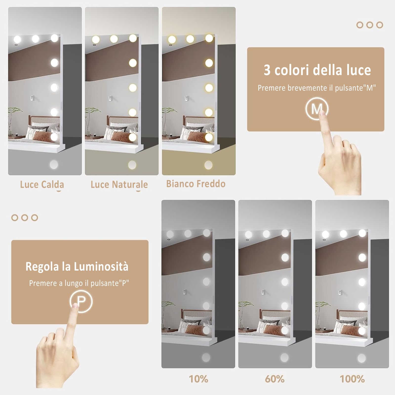 YU YUSING Specchio Trucco con Luci Hollywood, 58X45cm Specchio 15 Lampadine Led Trucco USB, 3 Temperature di Colore, Specchio da Tavolo 10X, Specchio Cosmetico da Parete, Controllo Tattile, Bianco