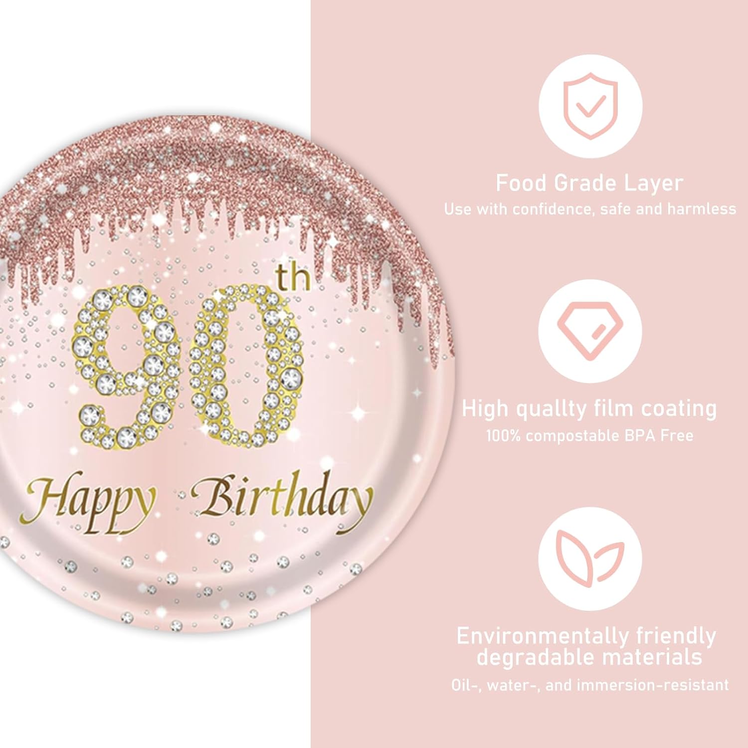 121Pcs 90th Birthday Party Supplies Plates Napkins Cups Forks Tablecloth Rose Gold Happy 90th Birthday Themed Disposable Tableware Decorations Serves 24 Guests for Women 90 Years - Image 5