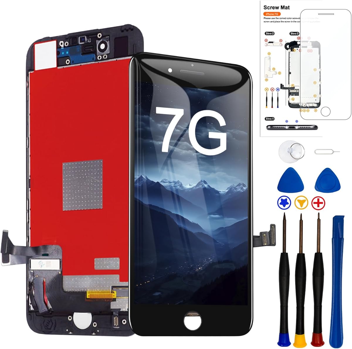 for iPhone 7 Screen Replacement ，4.7 inch Frame Assembly Display 3D Touch Screen LCD Digitizer with Repair Tools Kit Tempered Glass Screen Protector for A1660, A1778, A1779 (Black)