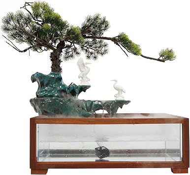 Tabletop Water Fountains Indoor Waterfall with Mist Fake Plants for Feng Shui Wealth Boom Desk Fountain with Fish Tank Pump Atomizer for Meditation in Living Room Bedroom Entrance Yoga Room
