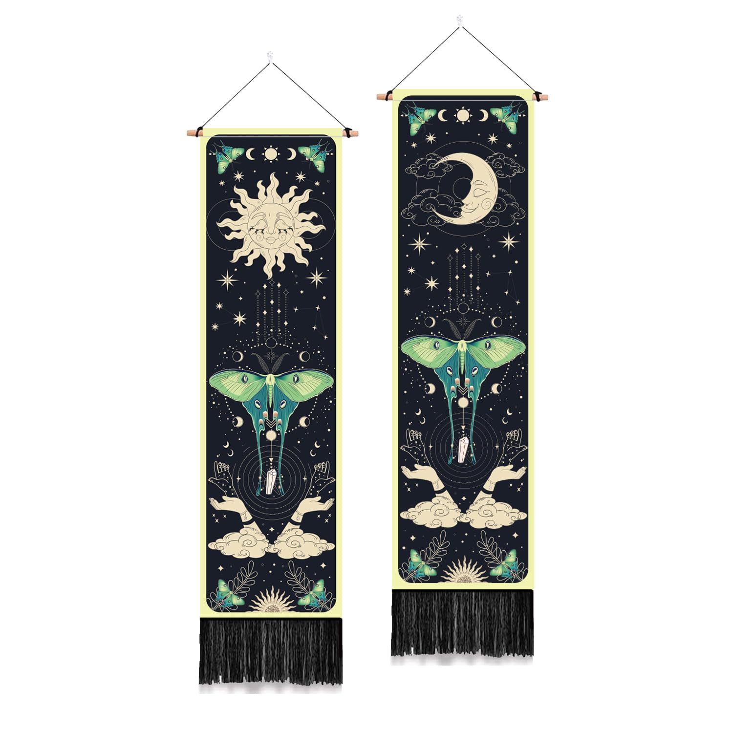 PLIGREAT 2 Pack Sun Moon Wall Tapestry, 52" x 13" Green Moth Vertical Tapestry with Tassels Aesthetic Cloud Star Wall Hanging for Bedroom Living Room