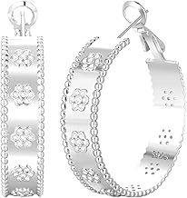 Senteria 8mm Wide 925 Sterling Silver Hoop Earrings for Women Hypoallergenic Chunky Silver Hoop Earrings with Flower Large Thick Hoops Earring Lightweight 14K Gold Plated Hoops for Women 25/30/40/50mm