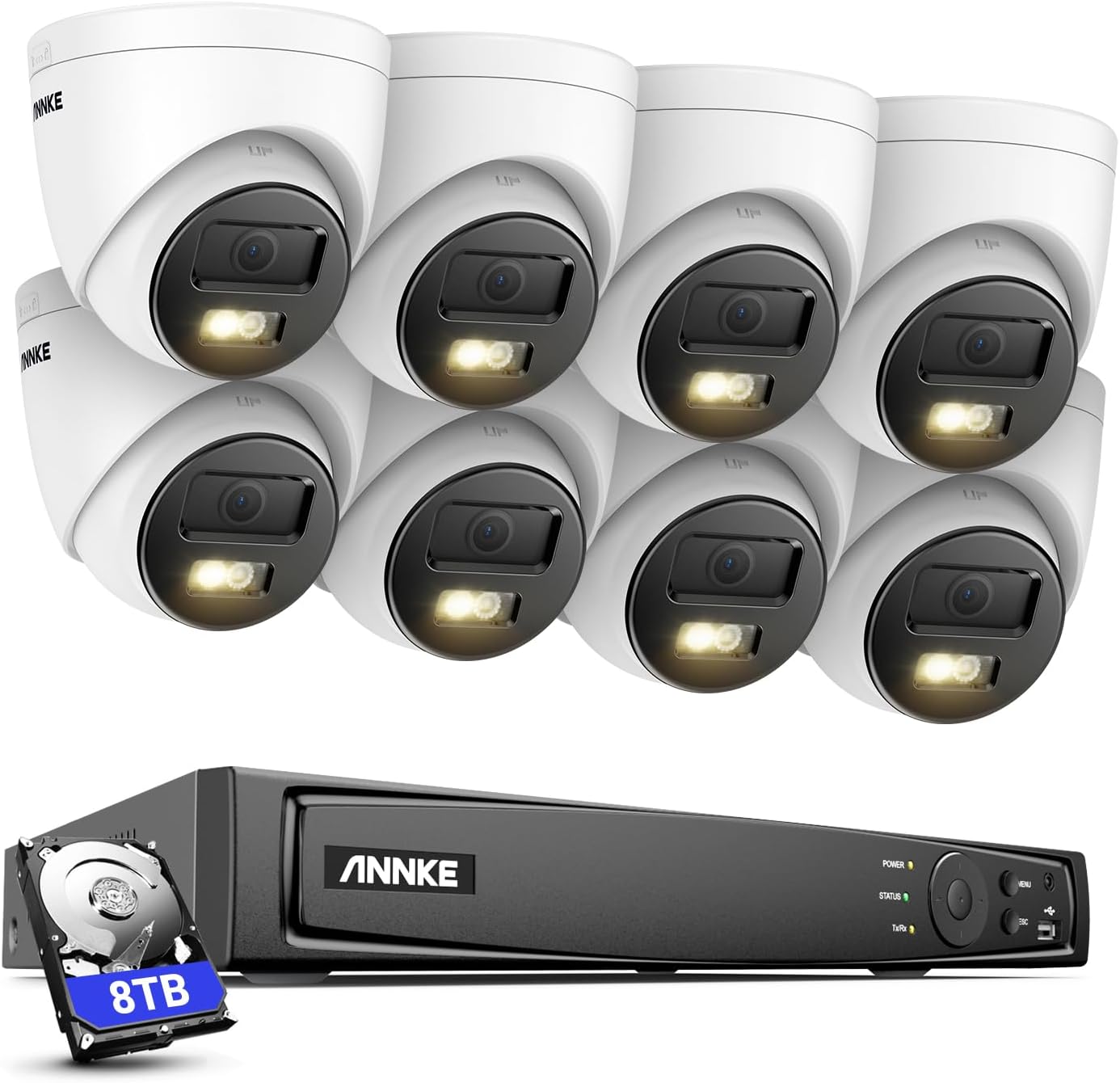 ANNKE 12MP Security Camera System, 8 Channel H.265+ 12MP NVR, 8X Wired PoE Turret Cams with Color Night Vision, AI Motion Detection, Built-in Mic, IP67, 100FT EXIR Night Vision with Smart IR, 8TB HDD