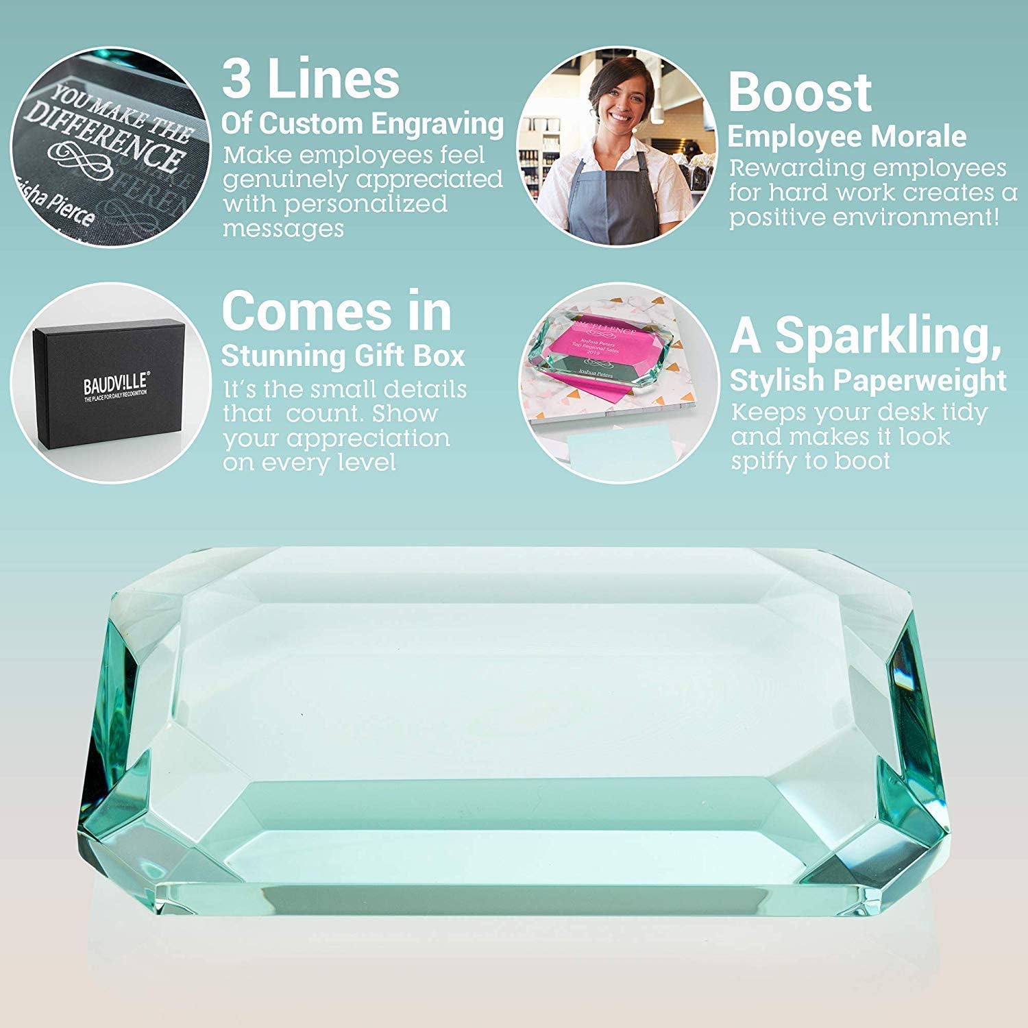 Baudville Jade Glass Paperweight Employee Appreciation Gifts - Boosts Employee Morale, Motivation, & Positive Work Environment - Engraved, Elegant Black Gift Box - Staff Appreciation Gifts