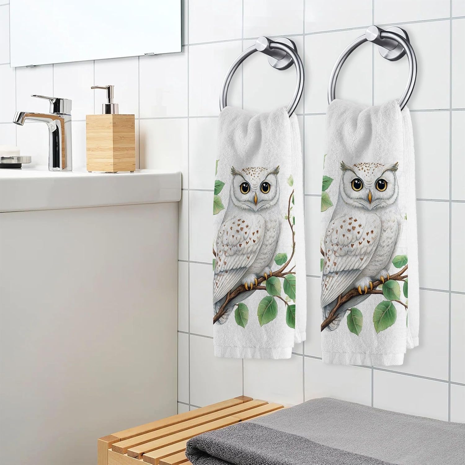 ALAZA Hand Towel Set of 2 100% Cotton Bath Towels White Owl Green Leaves for Bathroom Housewarming Decor Gifts