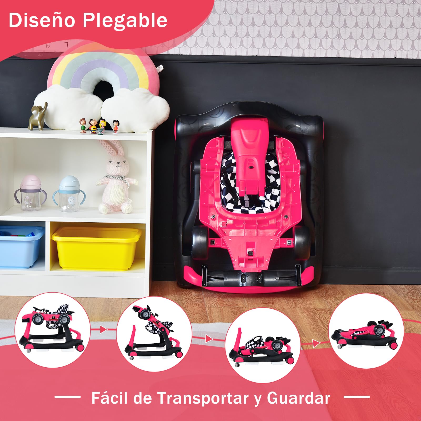COSTWAY 4 en 1 Andador Bebes, Tacata Bebe Plegable con Altura y Velocidad Regulables, Carillón con Luces, Volante y Asiento con Cojín, Diseño Antivuelco, Caminador para Bebe de 6-18 Meses — view 7