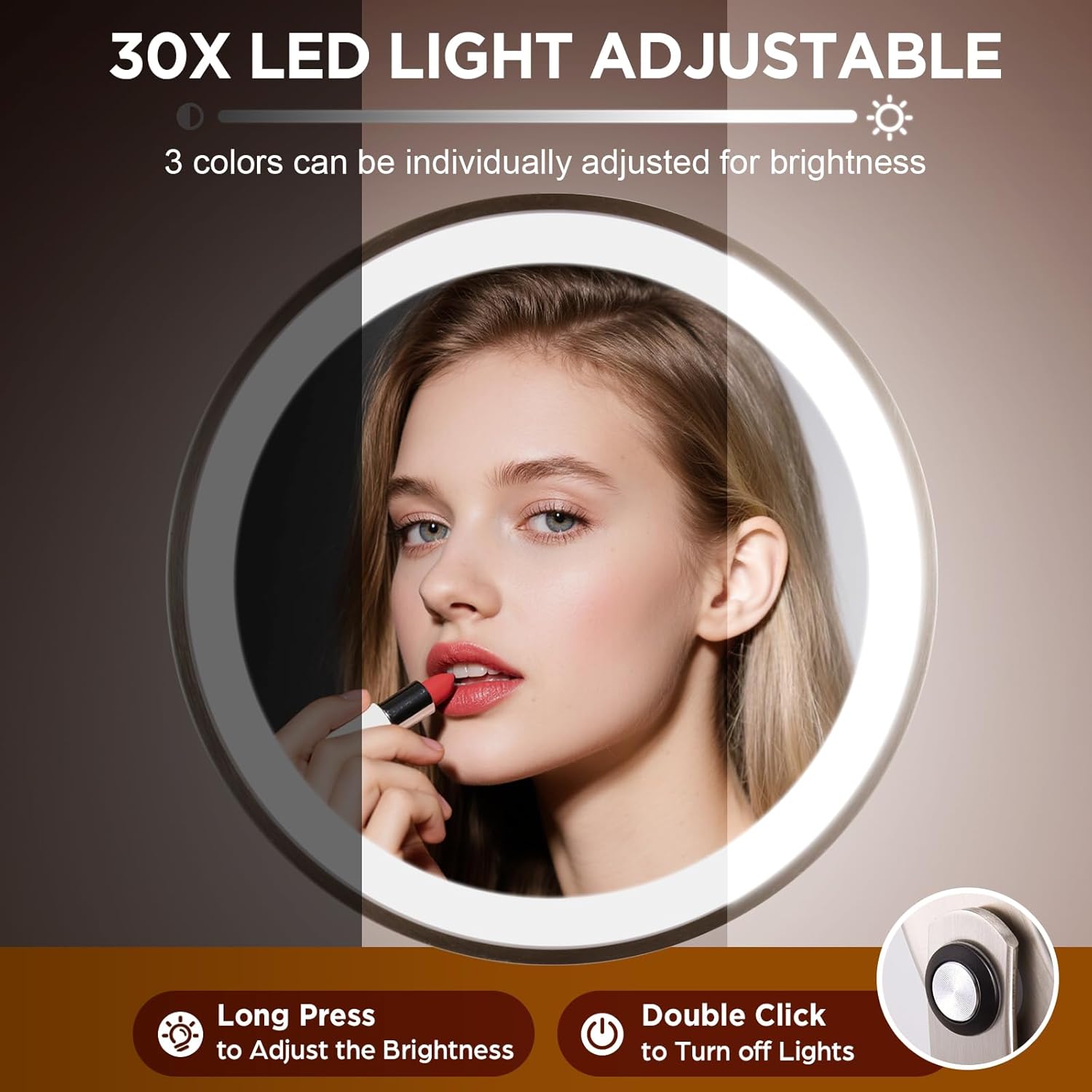 Makeup Mirror with Light, 30x Magnifying Mirror with 3 Lights Colors, 5000mAh Vanity Mirror Brushed Nickel - 360° Rotation, Brightness Adjustable Magnification, Modern Style Side Touch + Side Charge - Image 5