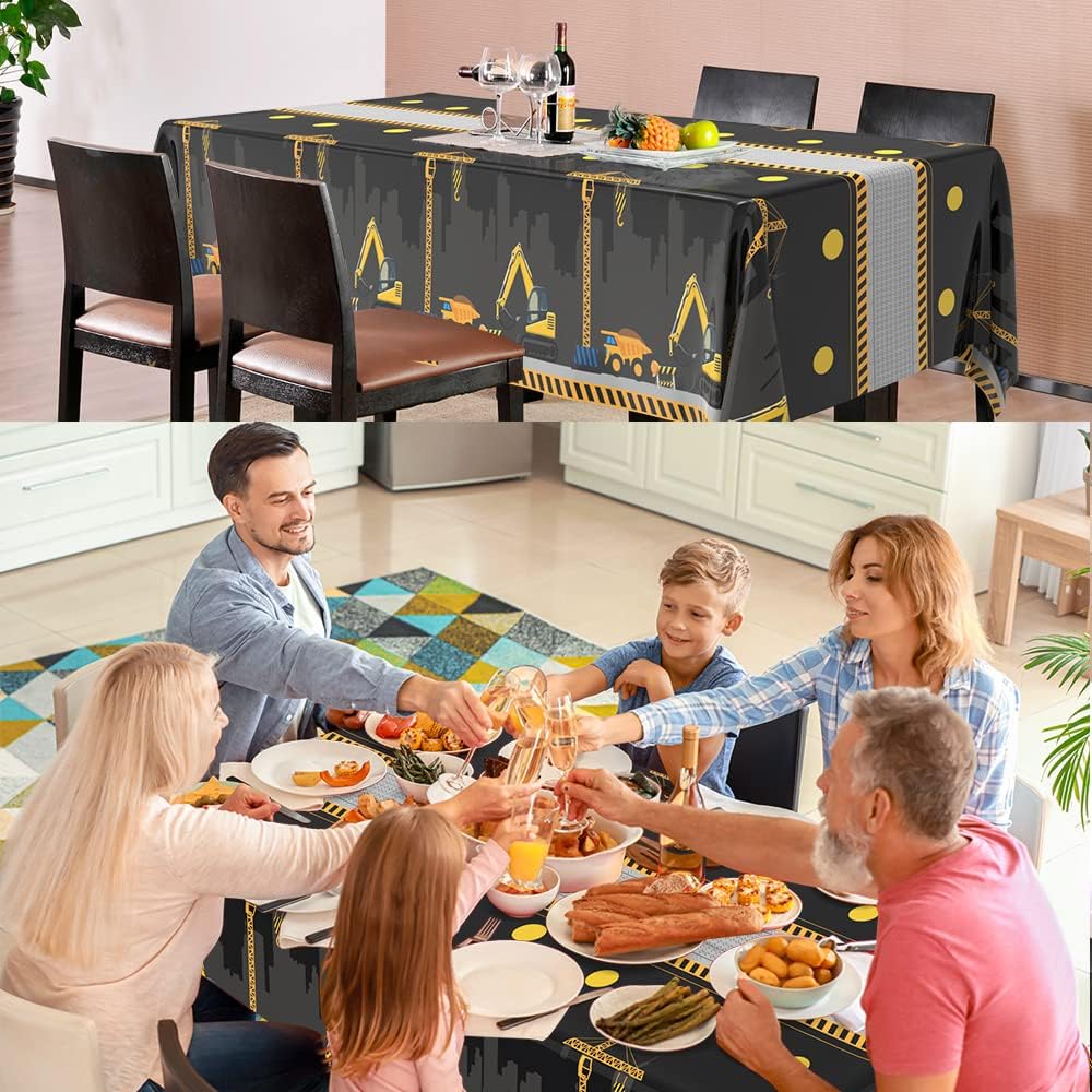 2 PCS Construction Table Cloth Plastic Disposable Construction Birthday Party Supplies Tablecloth Rectangle Dump Truck Table Covers for Kids Boys Construction Birthday Party Decorations, 54 x 108 Inch