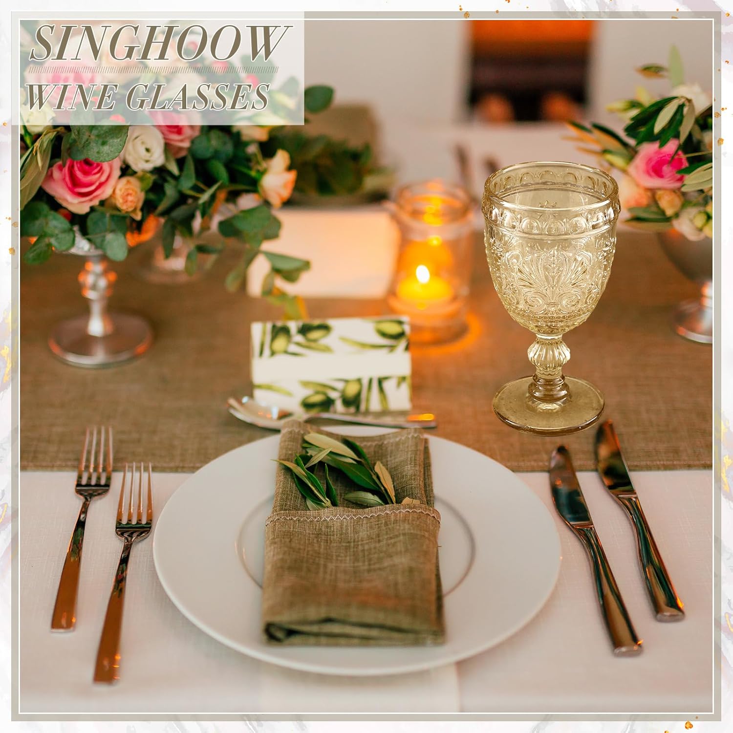 6 Pcs Goblet Glasses 10 oz Wine Glasses, Drinking Glasses Colored Retro Embossed Water Goblets For Wine Juice Baby Shower Wedding Reception Grand Event Party, Dishwasher Safe(Amber)