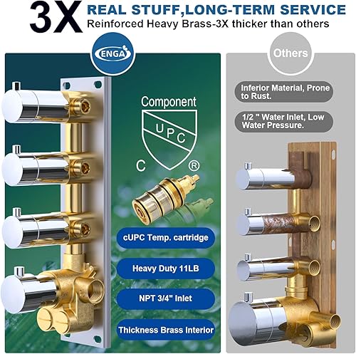 Miniatura 138 de Enga Sistema de ducha termostático doble, grifo de ducha de lluvia doble de montaje en pared de 12 pulgadas + 6 pulgadas, todas las funciones se Oro