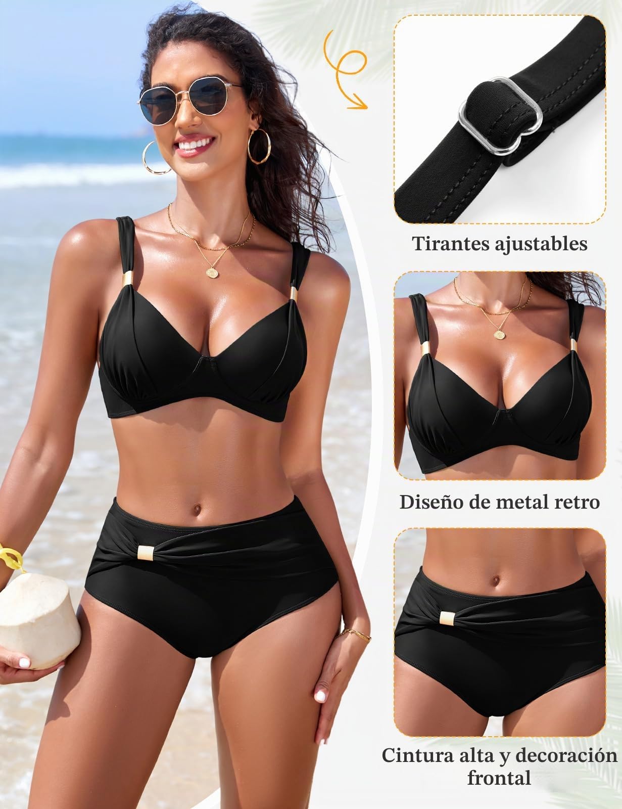 Nadeer Traje de Baño para Mujer Push Up Sexy Elegante Cuello en V Dos Piezas Conjuntos de Bikini Metal Dorado Control de Vientre de Cintura Alta Bañador de Playa