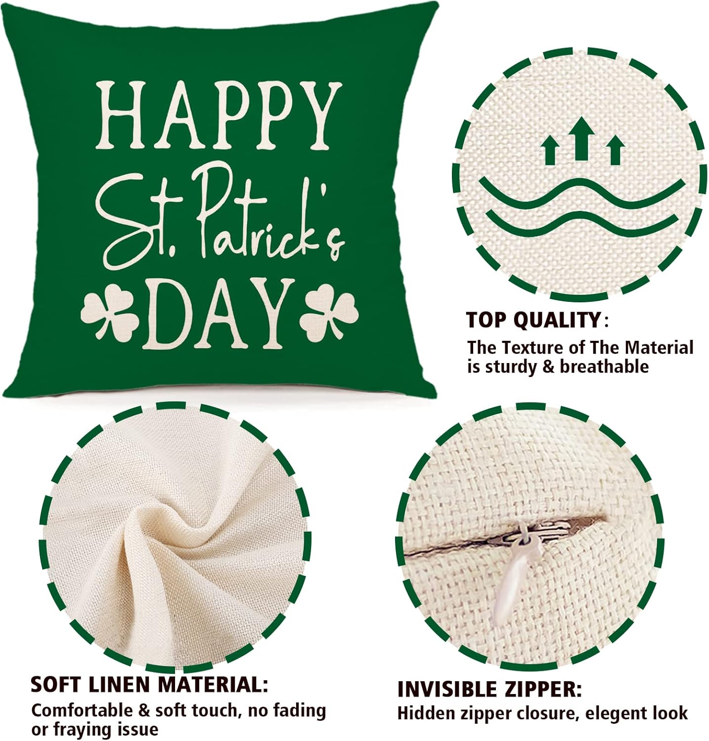 YCOLL St Patricks Day Decorations Throw Pillow Covers 20x20 Set of 4 Scottish Tartan Plaid St Patricks Day Hat Farmhouse Classic Decorative Square Cushion Cases for Sofa Couch - Image 6