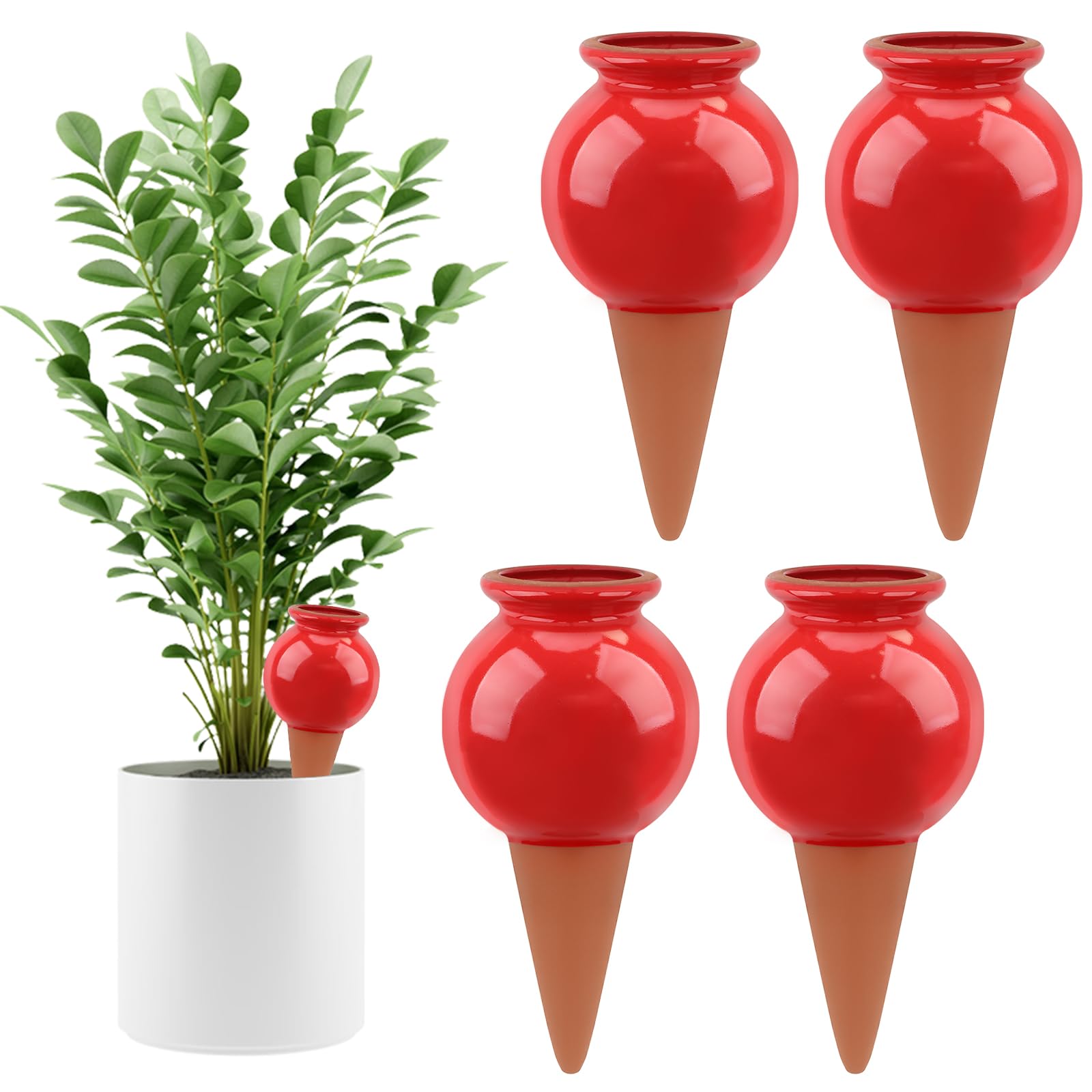 Kalolary Confezione da 4 Coni Autoirriganti in Terracotta, Globi Decorativi per Irrigazione Piante - Sistema Automatico di Innaffiatura per Piante da Interno ed Esterno (1, Bottiglia di Vino)