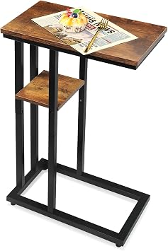 C Shaped Side Table for Sofa, Couch End Table for Small Spaces,Skinny Couch Side Tables Slide Under Sofa Bed,Snack Table with Bamboo, Modern Rustic Brown ...