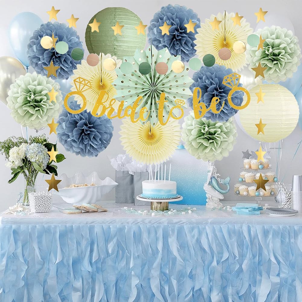 Dusty Blue and Sage Green Bridal Shower Decorations Sage Green Dusty Blue Pastel Yellow Bachelorette Party Decorations Bride to Be Decor Poms Fans Lanterns Kit with Bride to Be Gold Banner