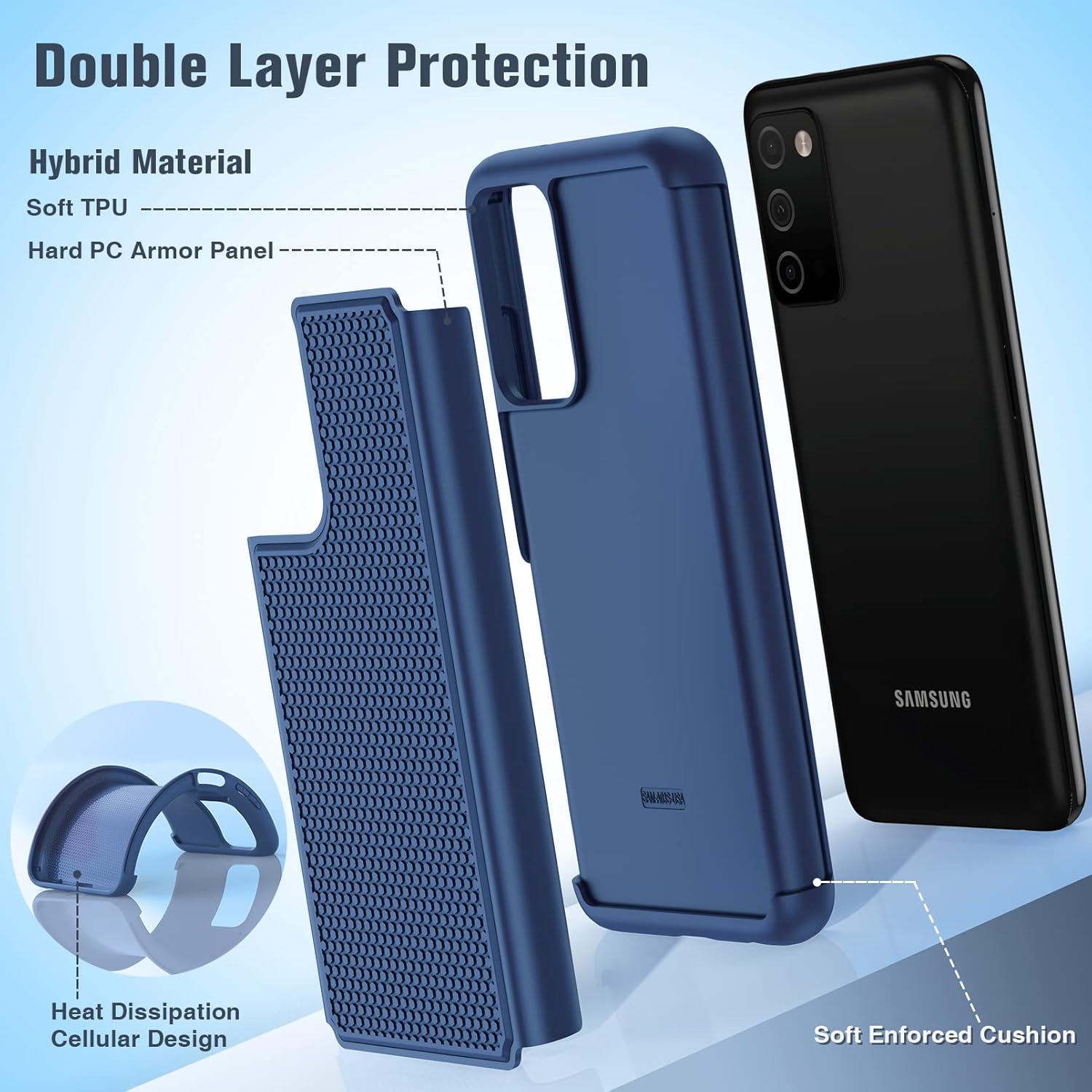 for Samsung Galaxy A03s Case Shockproof: Dual Layer Protective Heavy Duty Cell Phone Cover Rugged with Non Slip Textured Back - Military Protection Bumper Tough - 6.5inch (Blue Navy) : Cell Phones & Accessories