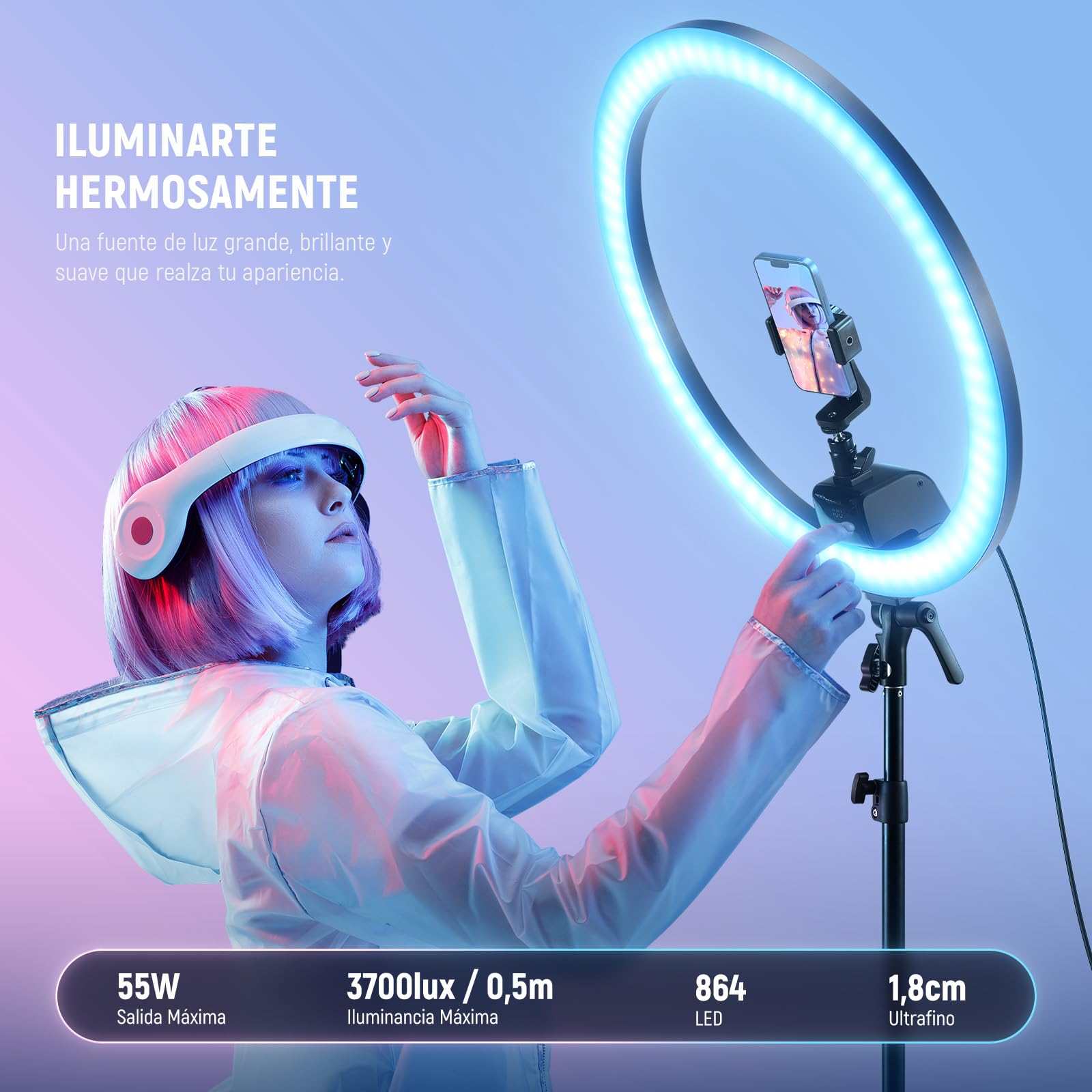 NEEWER SRP18C - Juego de Luces LED RGB ultradelgadas con Control de aplicación con Soporte de luz Reversible, Soporte para teléfono, rótula, 2500 K – 10000 K, CRI 95+/TLCI 97, 3700Lux/0,5 m, 18
