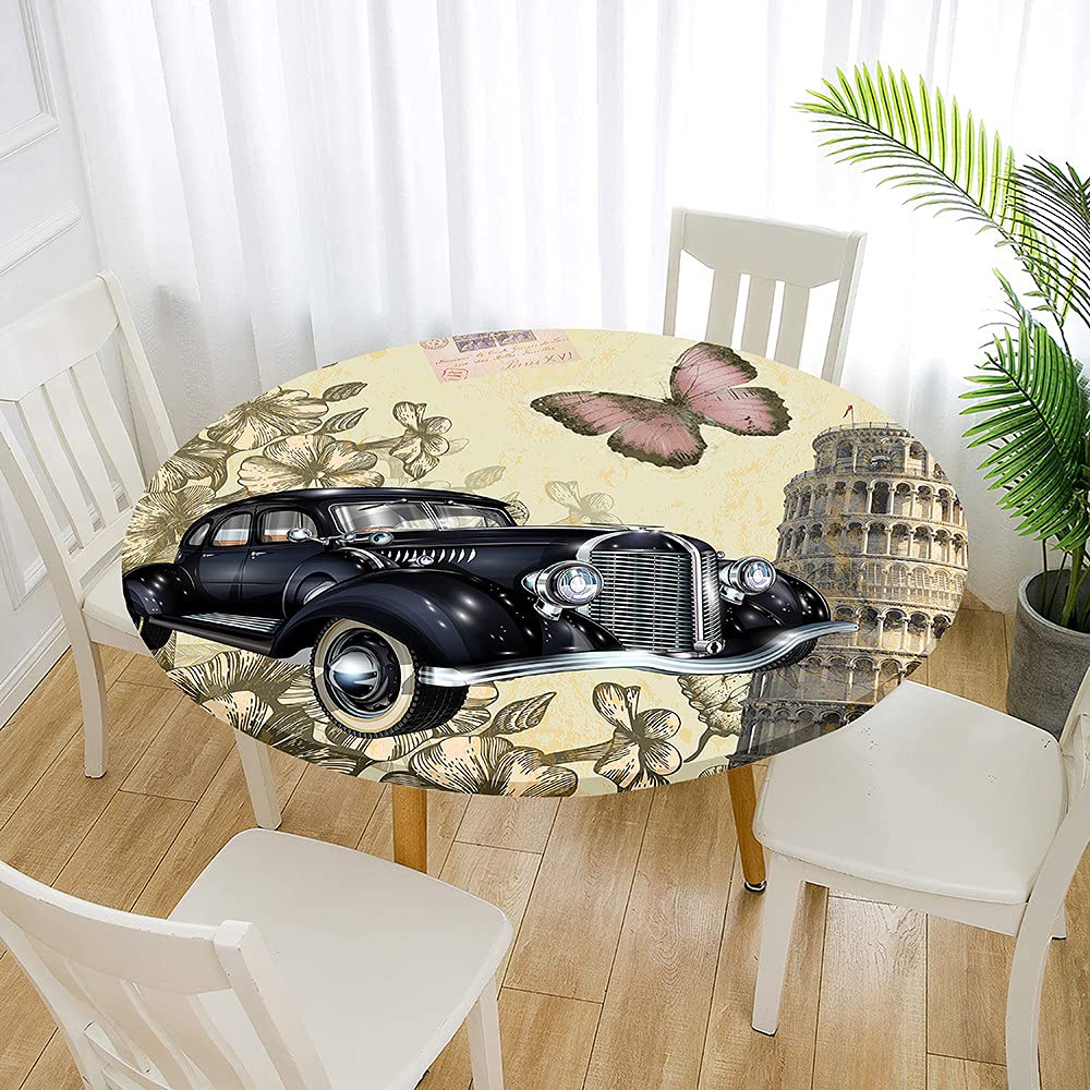 Morbuy Rondes Nappes Avec Bord Élastique, Nappes Rondes Anti Taches Lavable, Imperméable Polyester Nappe De Table Imprimé De Voiture Ancienne Pour Cuisine Jardin Fête Table (170cm,Voiture Blanche