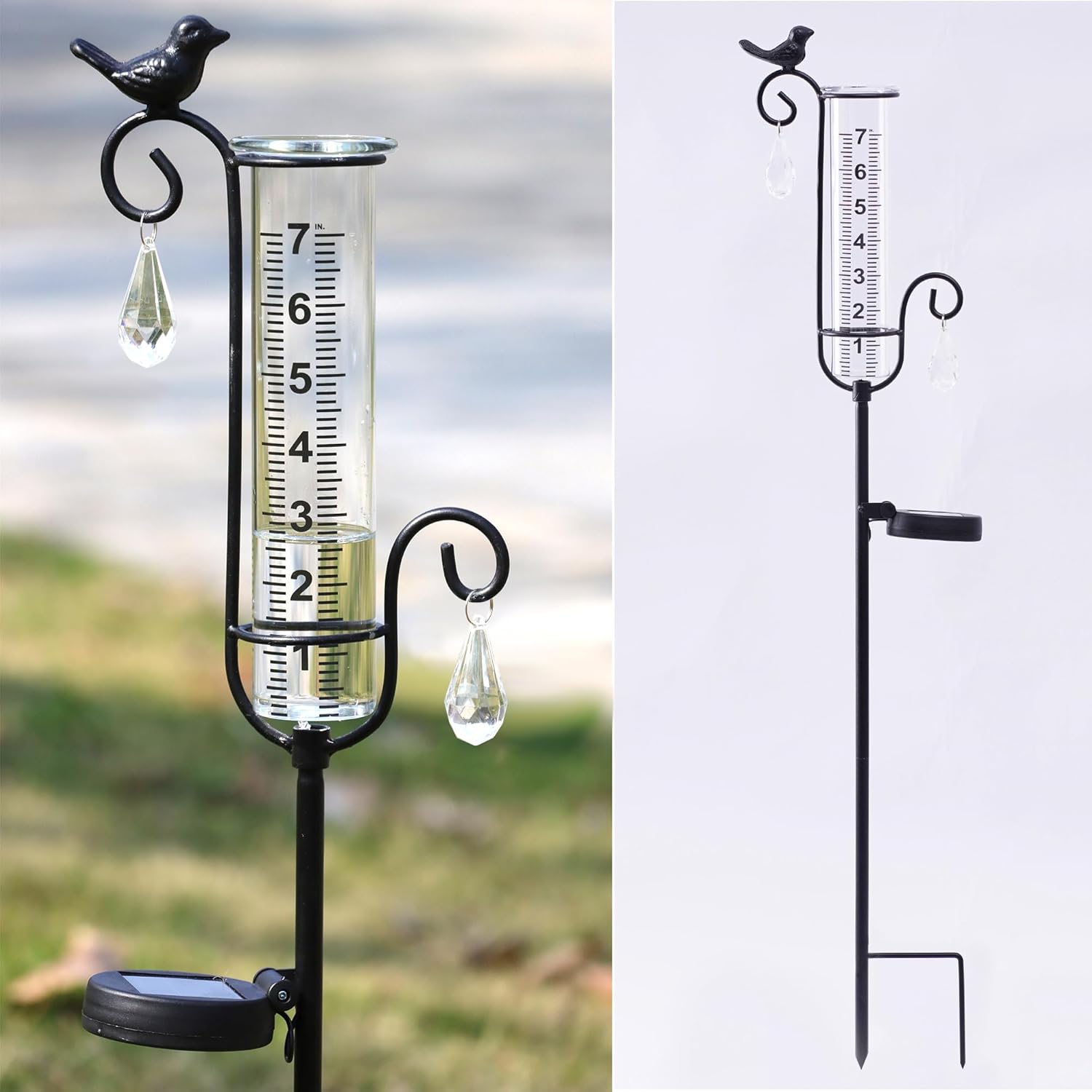 Bird Rain Gauge Outdoor with Solar Led Lights with Two Water Droplet Shaped Crystal Pendants. Bird Rain Gauge Decorative for Yard Garden Patio Lawn. Decorative Garden Yard Decor