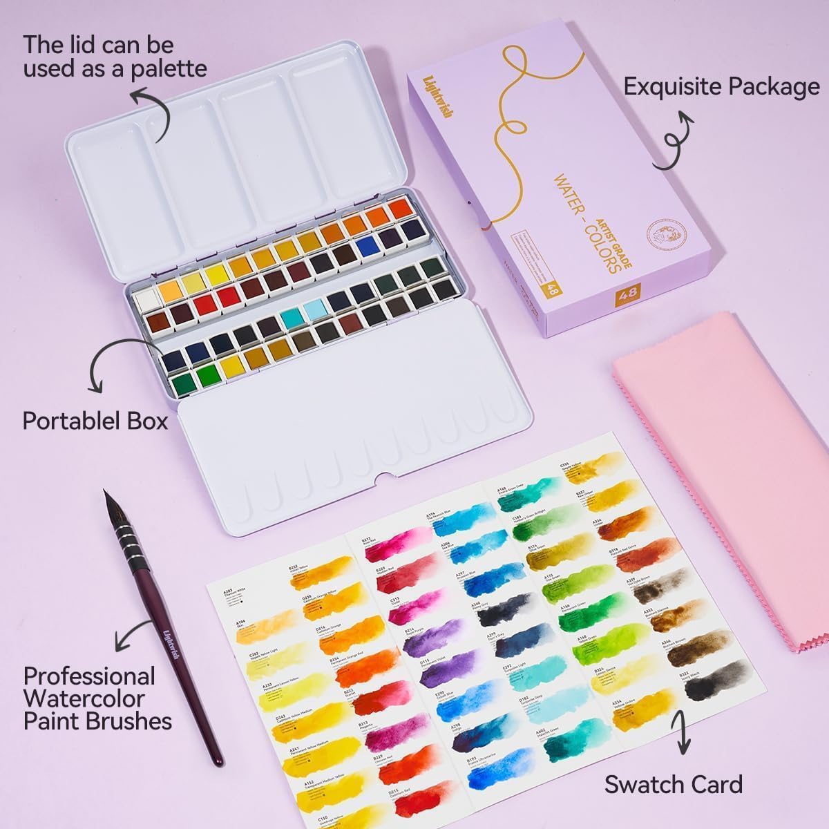 LIGHTWISH Aquarellfarben Set 48 Farben in Tragbarer Box, Mit Pinsel, Aquarellpapier und Mit Palette, Reise-Aquarell-Set für Künstler, Hobbymaler und Malerei-Liebhaber