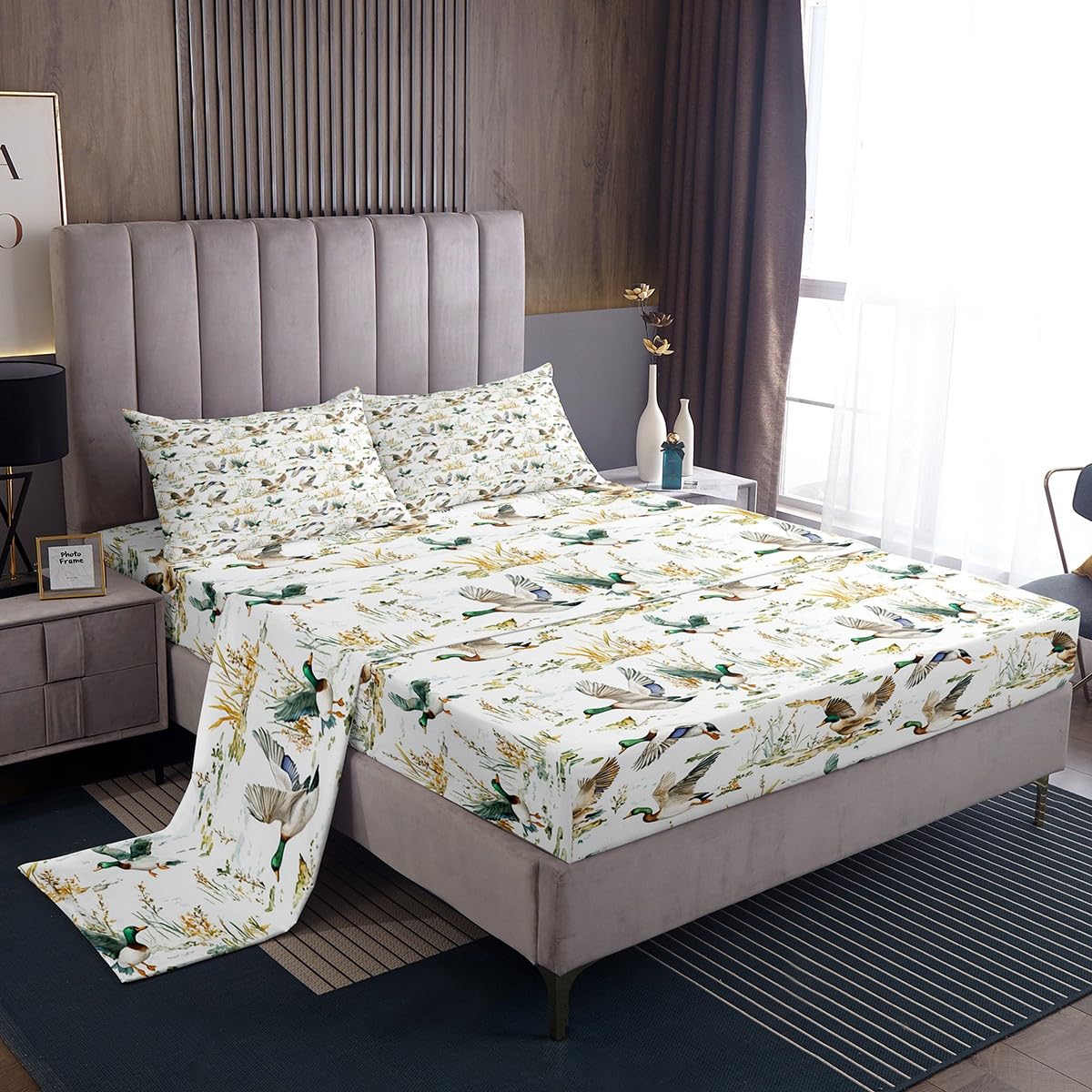 Homewish Wild Mallard Ducks - Juego de sábanas para cama de matrimonio y cabaña, diseño rústico de animales del bosque, caza y pesca, 4 piezas