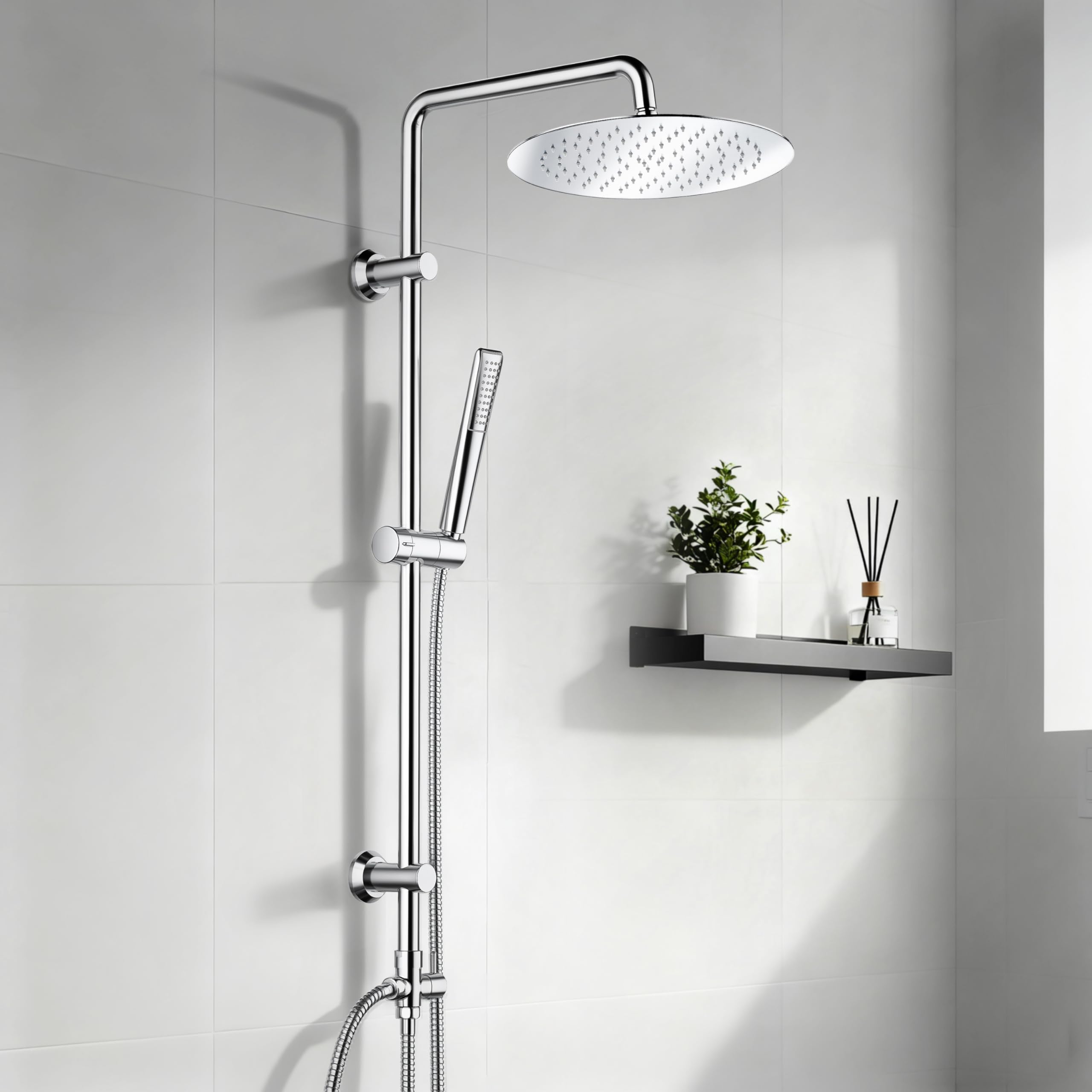 Görbach Stainless Steel Shower Column Without Mixer Adjustable Wall Holes Set Rain Shower with Hand Shower and Shower Head in Stainless Steel Round 25 cm