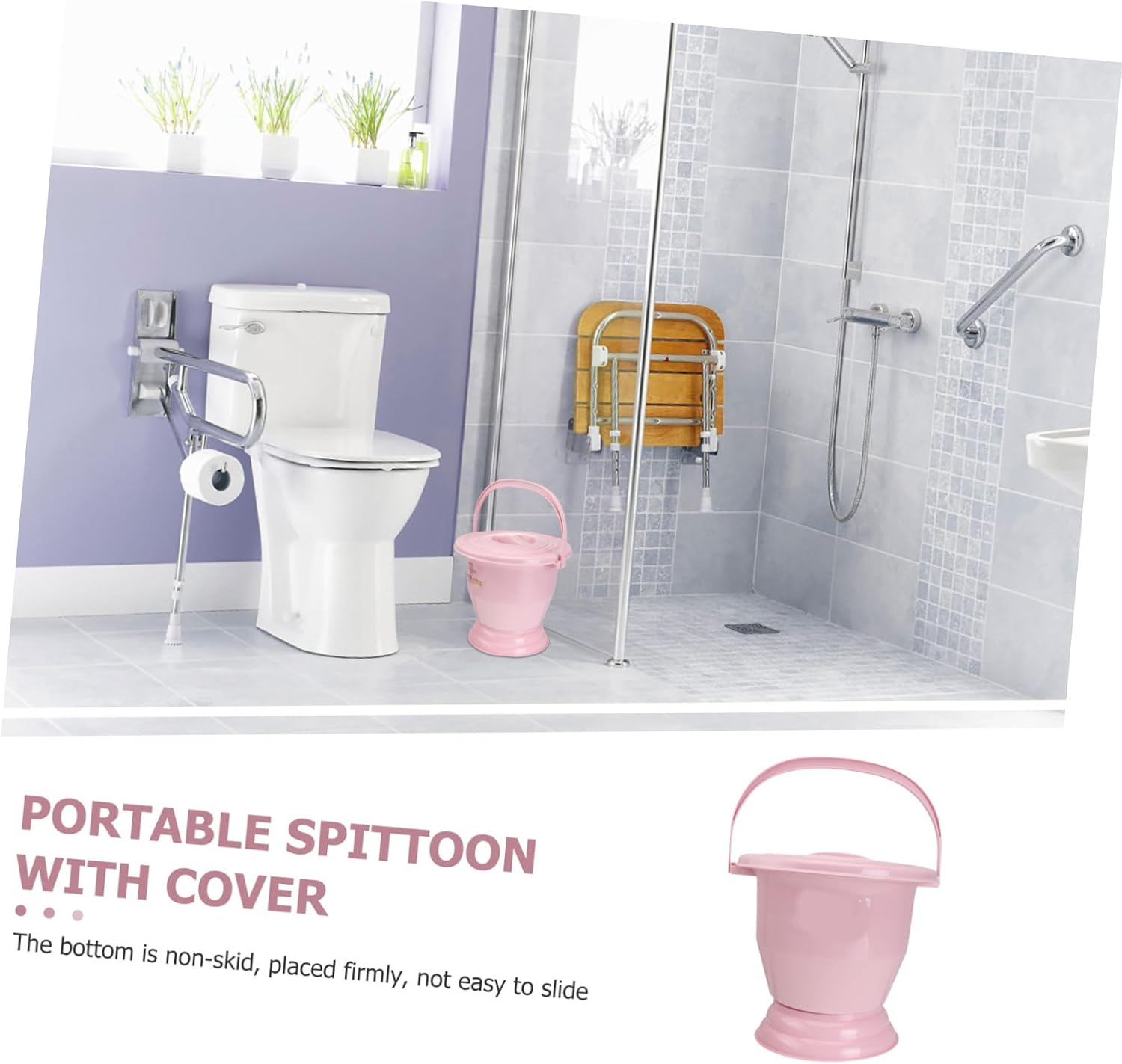 Home Chamber Pot with Lid and Handle, Thickened PP Pink Urinal
