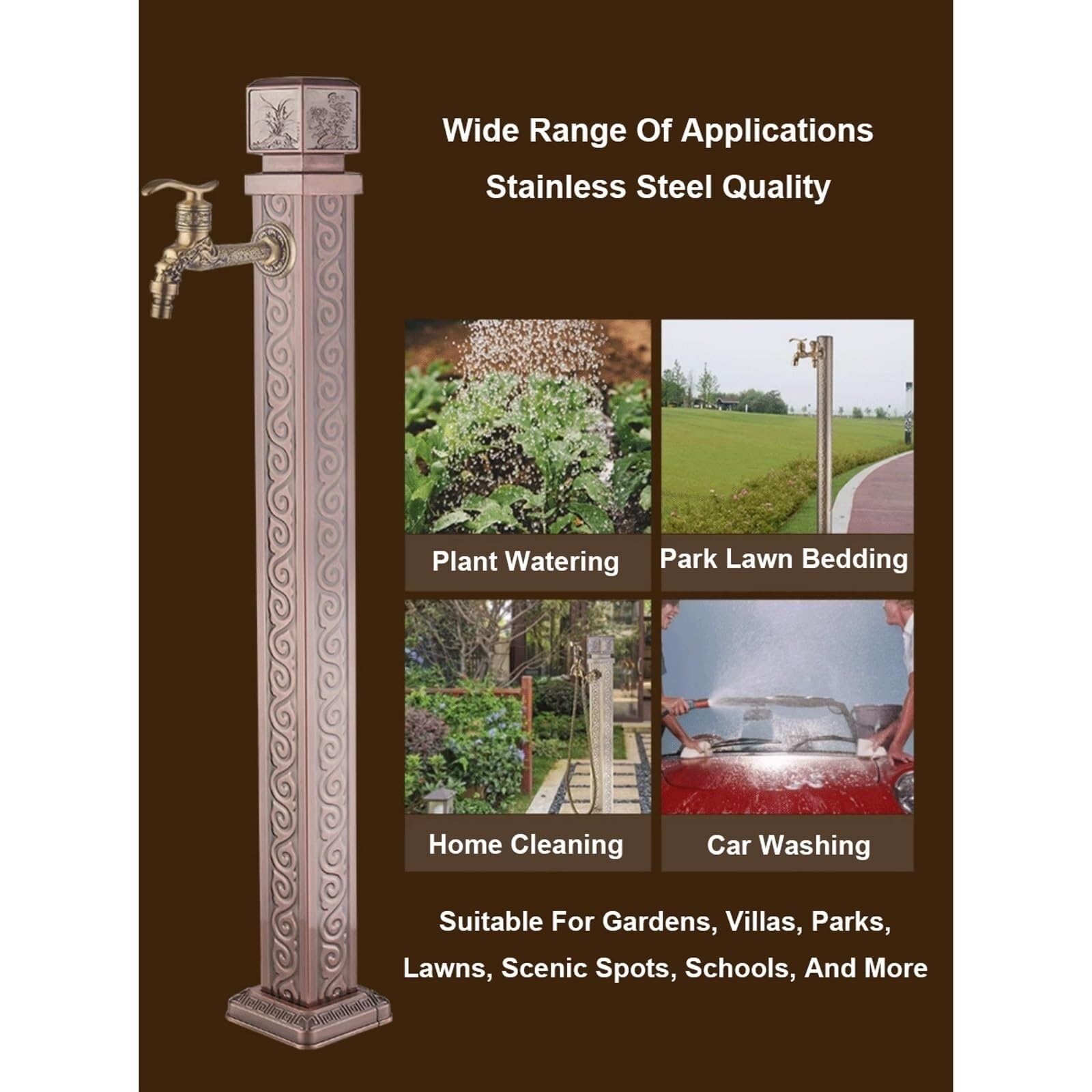 Columna de agua vertical para jardín, anticongelante, cuadrada, decorativa, soporte para manguera de fuente con grifo de doble salida para hidrante al aire libre