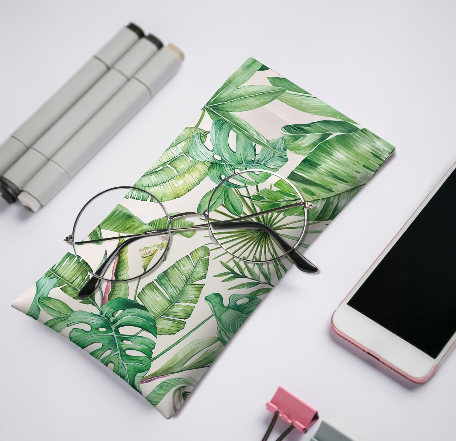 Tropical Leaf Eyeglasses Case & Sunglasses Case-PU Soft Squeeze Top Glasses Pouch for Men Women, Plant Lovers Portable Anti-Scratch Eyewear Bag, Reading Glasses Bag-Leather Soft Sleeve - Image 2