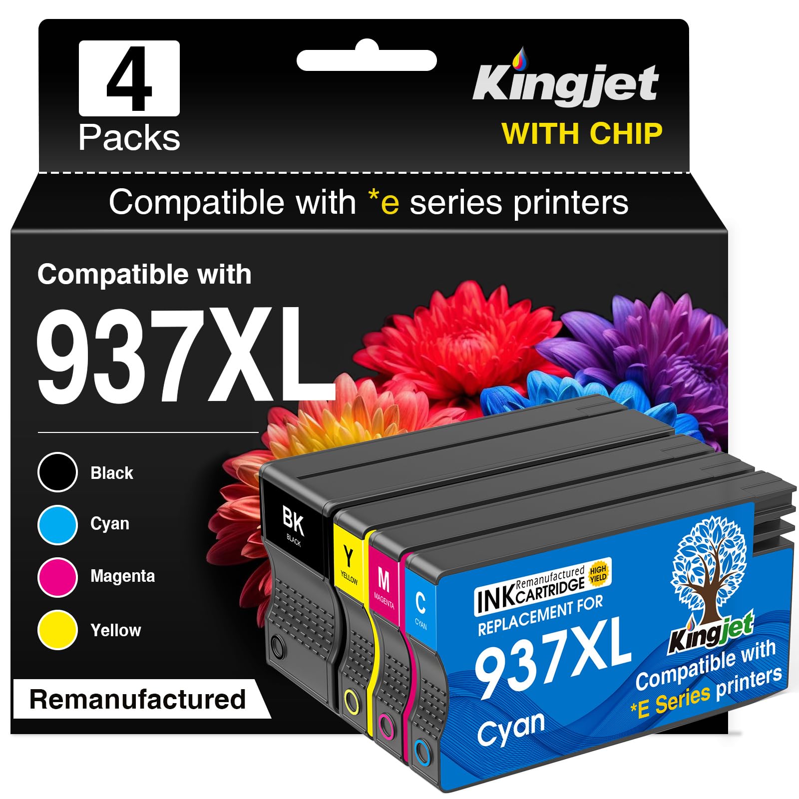 KINGJET 937 cartucce multipack con chip, compatibili con HP 937 937XL 937e cartucce per HP OfficeJet 9730 9120b 9110b 9720 9130b 9117b 9720b (BK/C/M/Y)