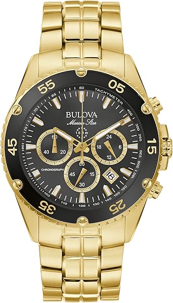 Bulova Mens Marine Star Gold Chronograph Stainless Steel Watch, Black Dial Style 98B406