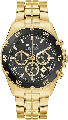 Bulova Mens Marine Star Gold Chronograph Stainless Steel Watch, Black Dial Style 98B406