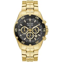 Bulova Mens Marine Star Gold Chronograph Stainless Steel Watch Black Dial Style 98B406