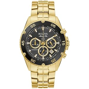 Bulova Mens Marine Star Gold Chronograph Stainless Steel Watch Black Dial Style 98B406