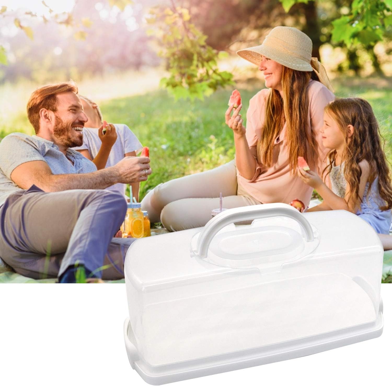 Bread Box with Handle Portable Loaf Cake Container Plastic Rectangular Food Storage Keeper Carrier 13inch Translucent Dome for Pastries, Bagels, Bread Rolls, Buns or Baguettes (White)
