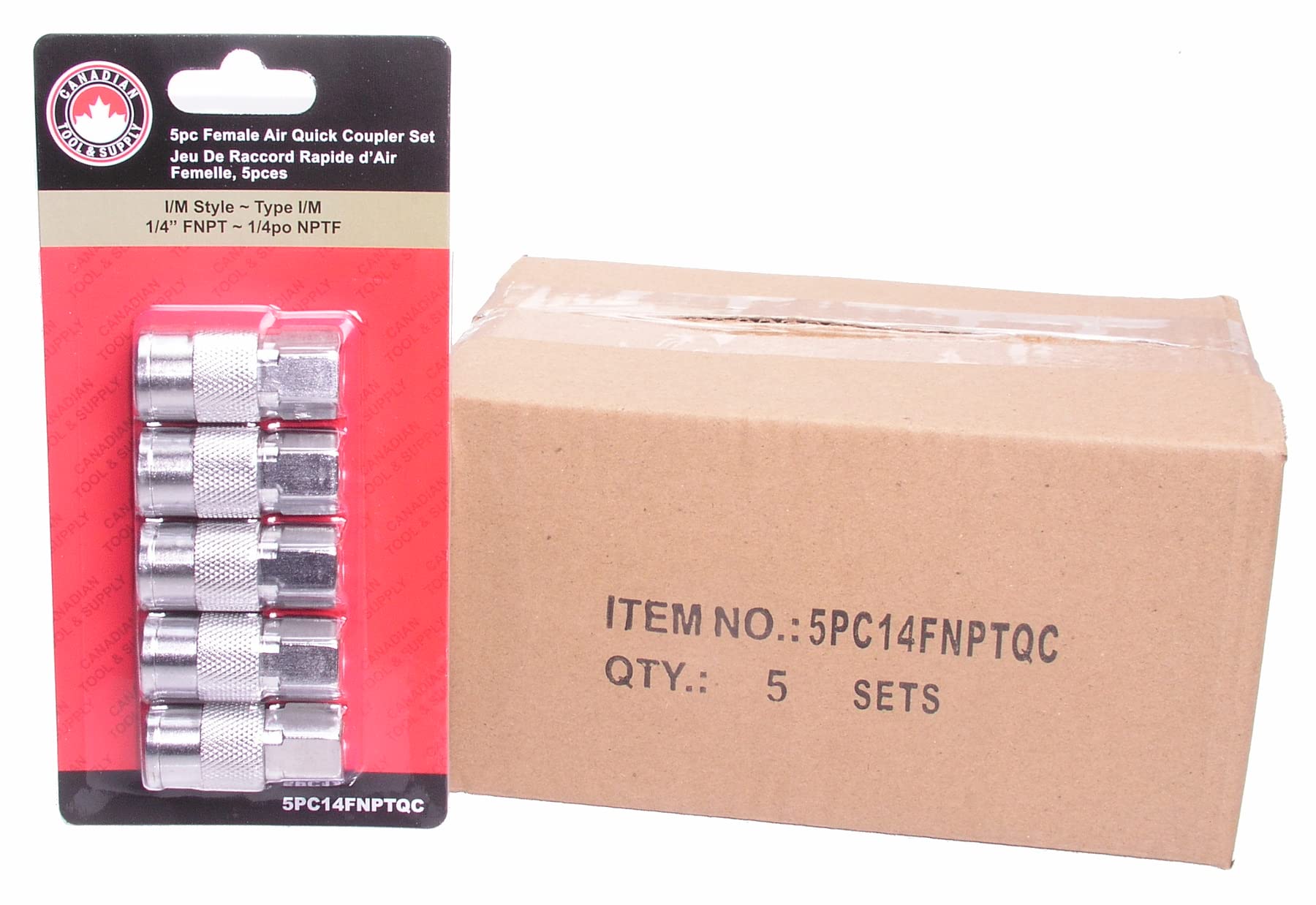 Canadian Tool & Supply 5-Pack Chrome Plated Steel Air Quick Connect Couplers – 1/4” Female NPT, M-Style (Industrial Interchange)