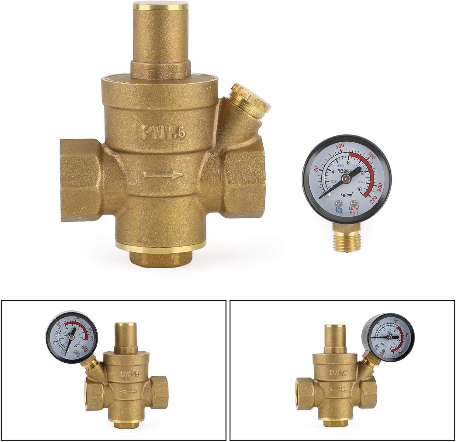 DN15 Brass Adjustable 1/2" Water Pressure Regulator Reducer With Gauge Meter
