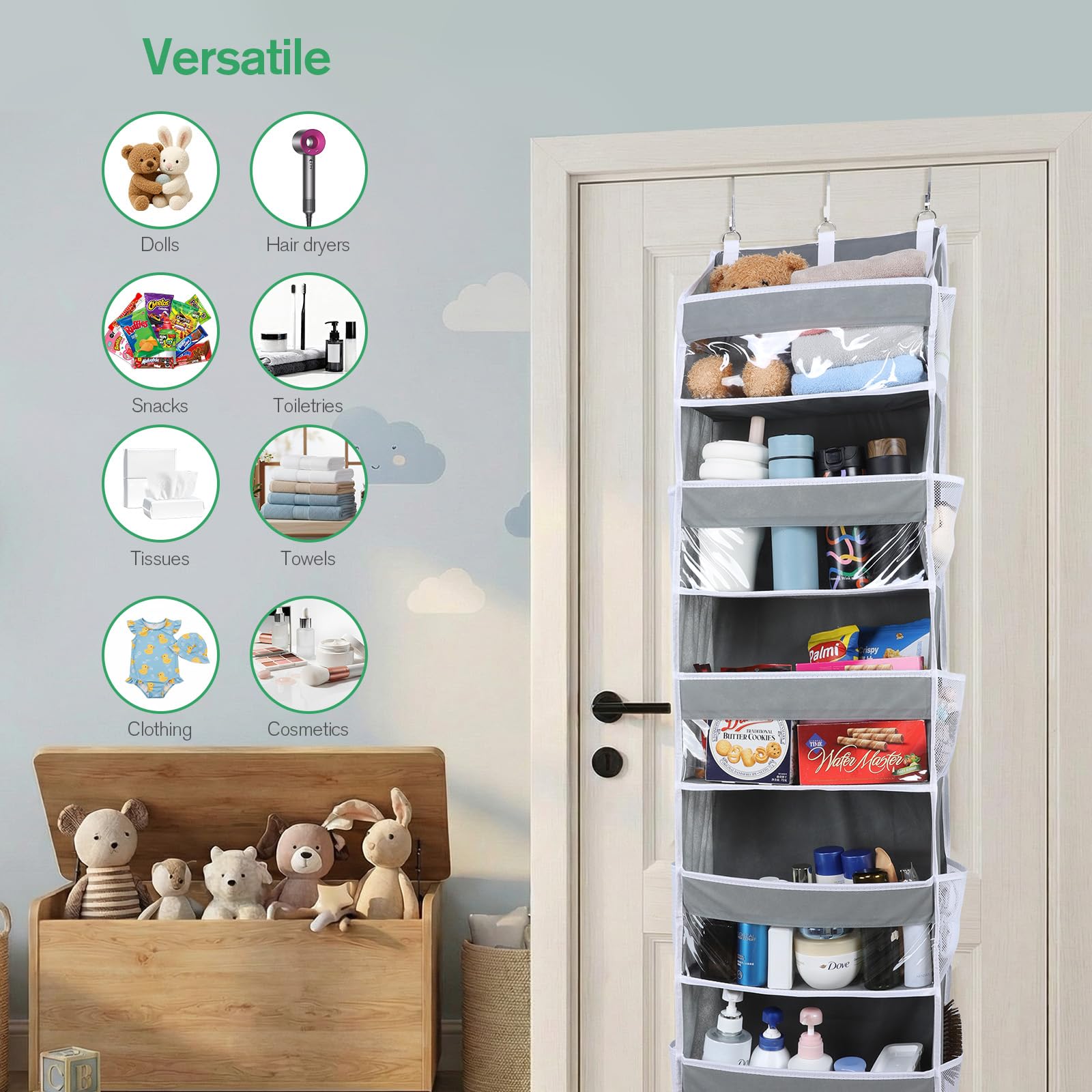 OTraki Wiszący organizer do szafy, 140 x 39 x 17 cm, 5 półek, przezroczyste okienko, z 10 kieszeniami bocznymi z siateczki, z metalowymi haczykami, do łazienki, sypialni, kuchni