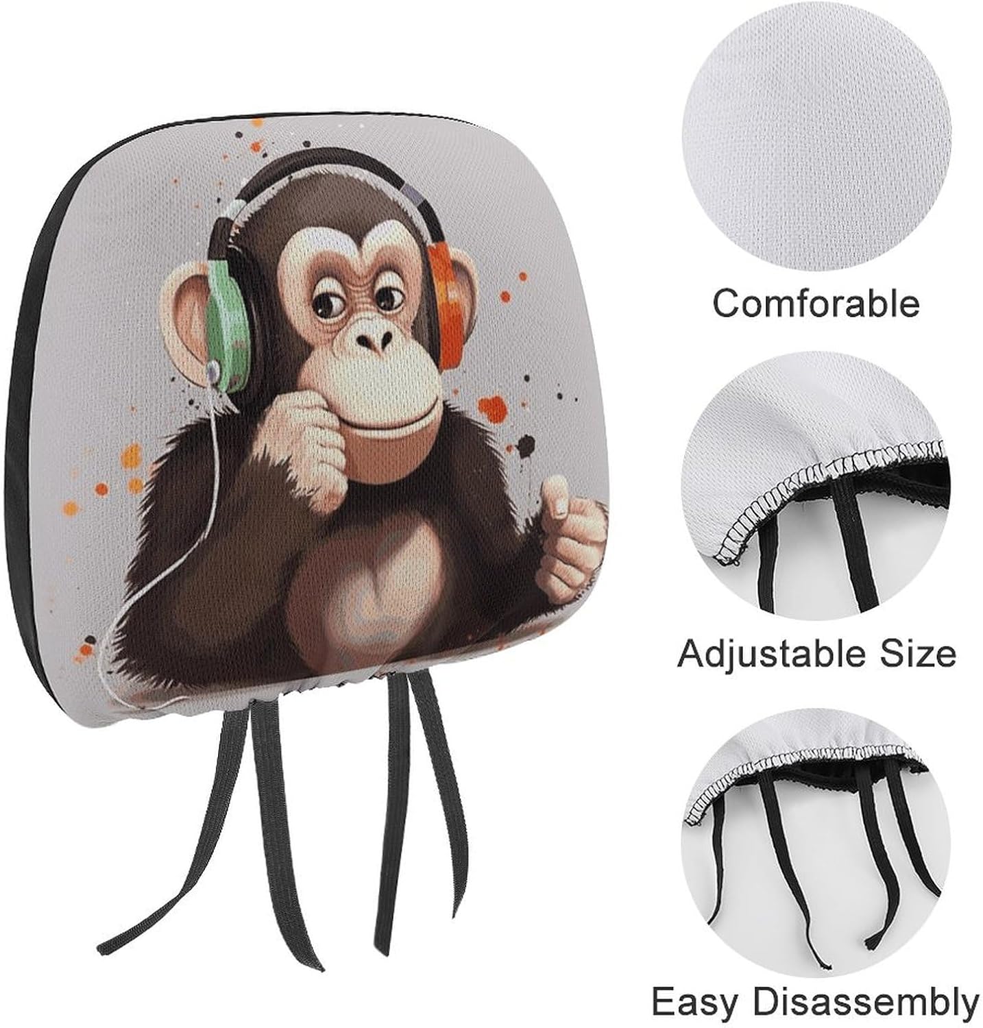 Music Monkey Car Seat Headrest Cover 1 PCS Adjustable Reusable, Auto Interior Seat Accessories Cute Vintage Car Headrest Protector Seats Cover,for Most Cars image 3