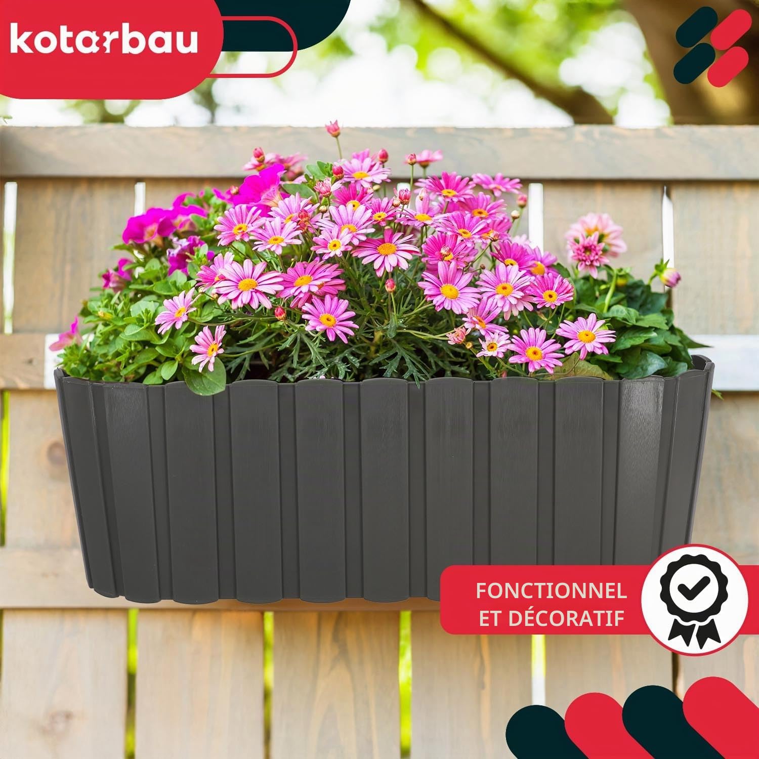 KOTARBAU® Lot de 6 Jardinière Extérieur - Pot de Fleur - PVC - 40 x 15 x 15 cm - Gris - Jardinière Balcon - Rectangulaire - Légère - avec Support pour Balconnière - Décorative