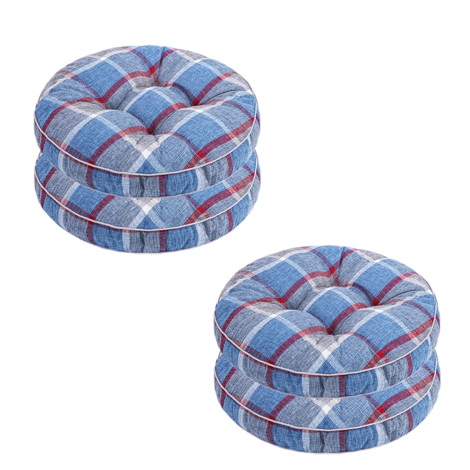 4er Set Sitzkissen Rund Indoor Outdoor Weiche Stuhlkissen Sitzpolster für Büro, Küche, Garten, Camping, Gastronomie Oder Bistro 40 x 40 cm, Blau Kariert
