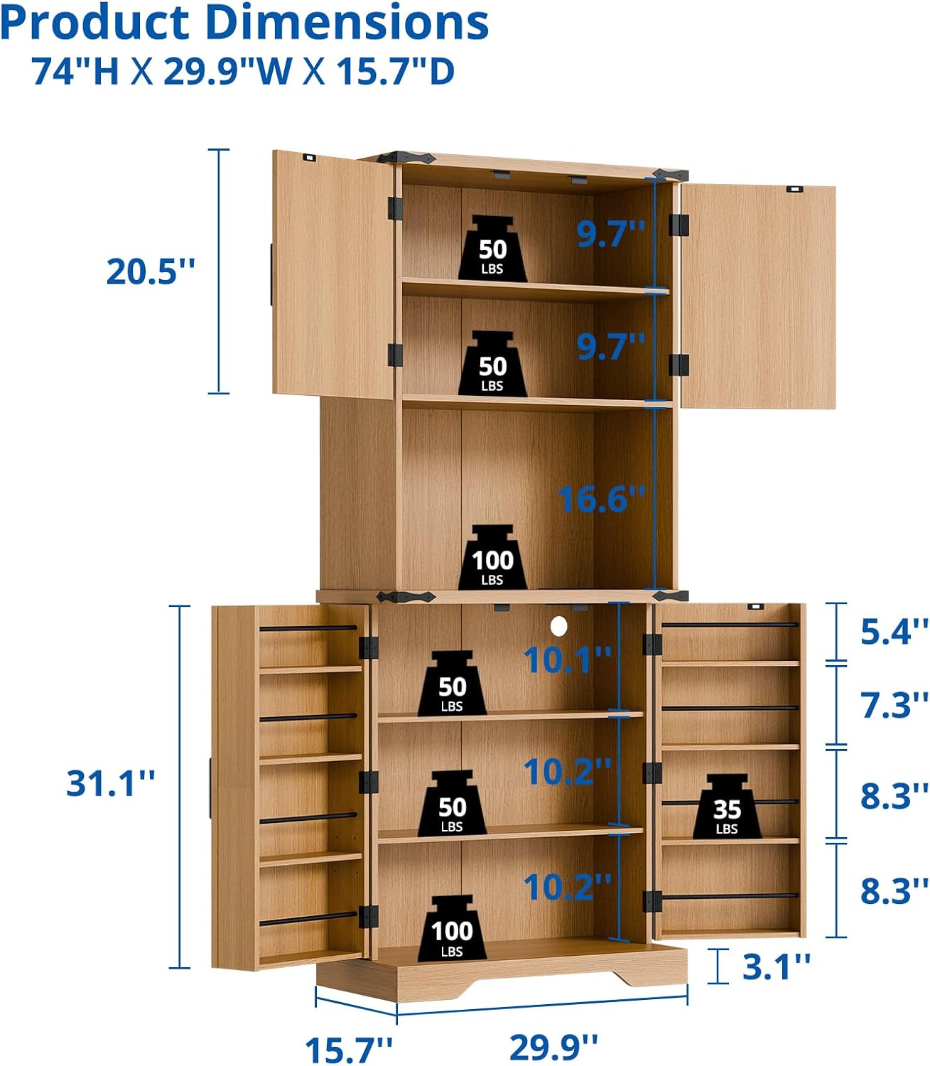 Cozy Castle 74" Farmhouse Pantry Cabinet with Charging Station, Tall Kitchen Storage Hutch Cabinet Coffee Bar Workstation, Sideboard Buffet Cupboard for Dining Room Living Room Furniture, Oak