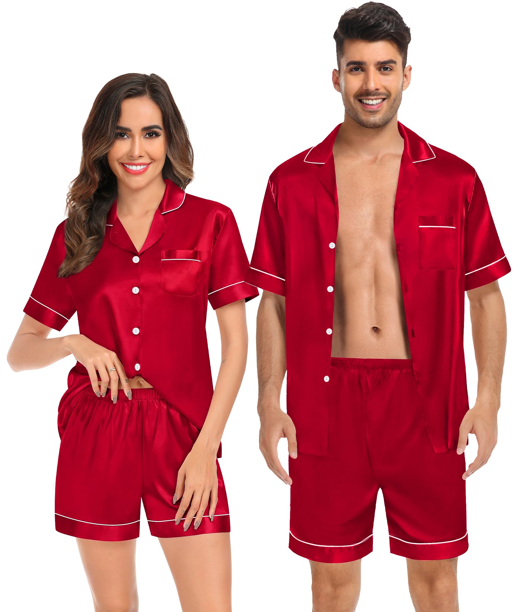 SWOMOGCouples Matching Pajamas Set Satin Short Sleeve Button Down Tops Silk Shorts Pj Lounge Set Soft Sleepwear